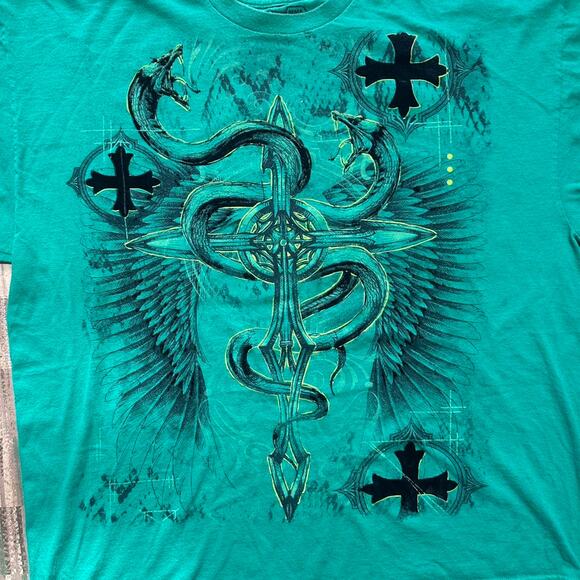 Y2K MMA Elite AOP Graphic Shirt Mens 2XL Green Black Boxy Dragon Skulls Shirt - Picture 2 of 5